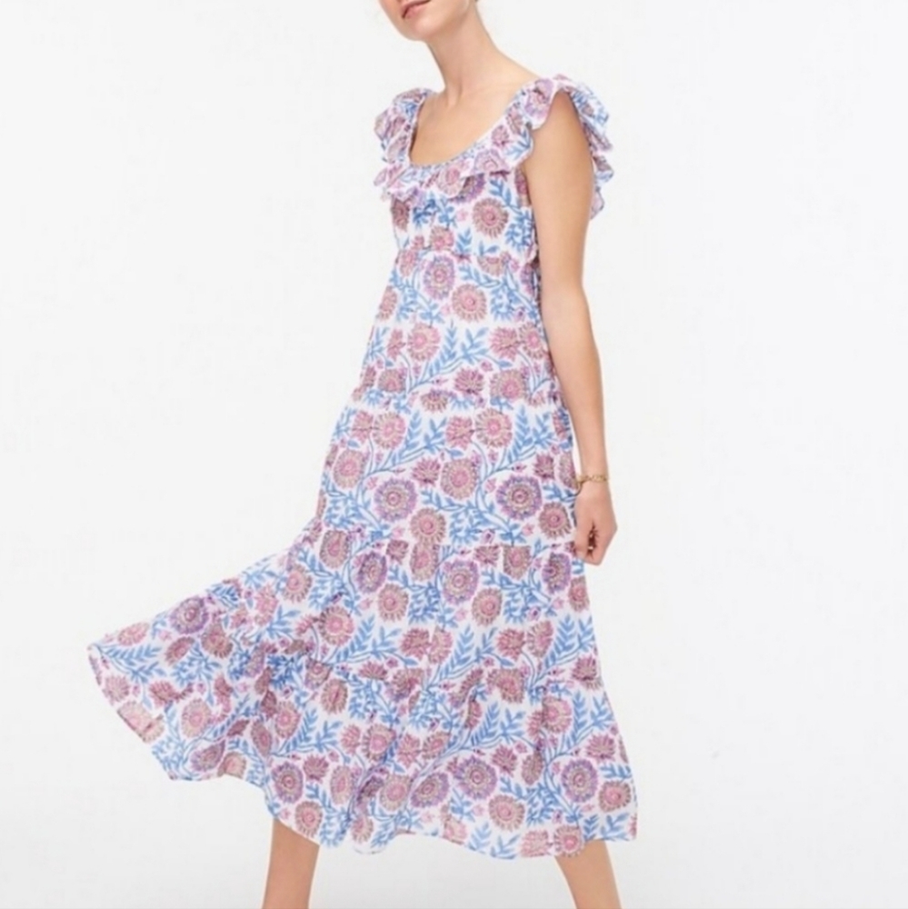 J. Crew Floral Ruffle-Trim Midi Dress in Pink and Blue